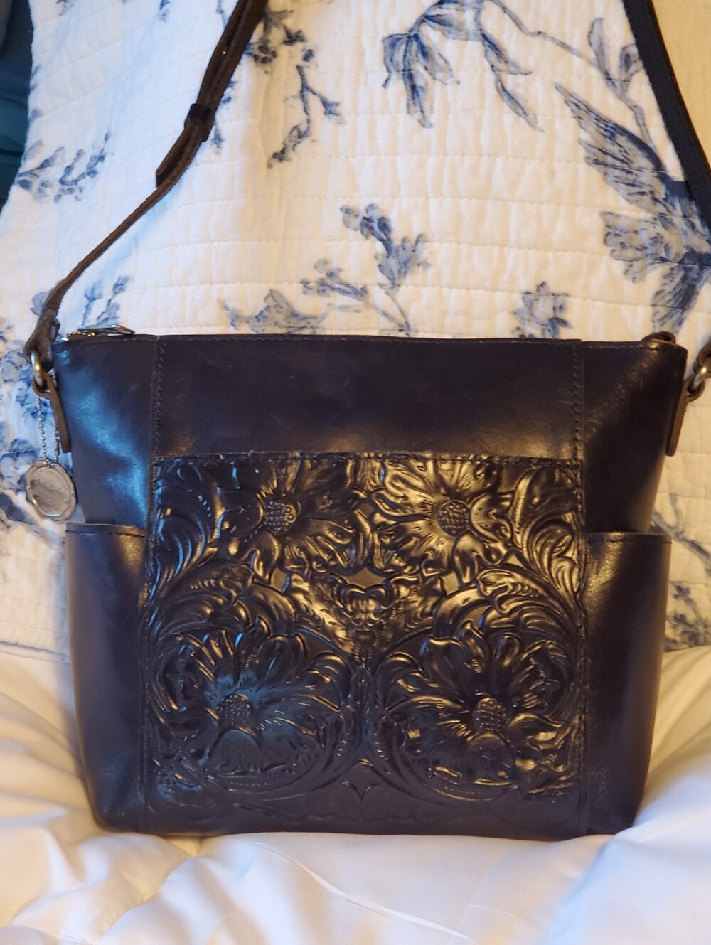Patricia Nash Patriot Blue Tooled Leather Crossbody